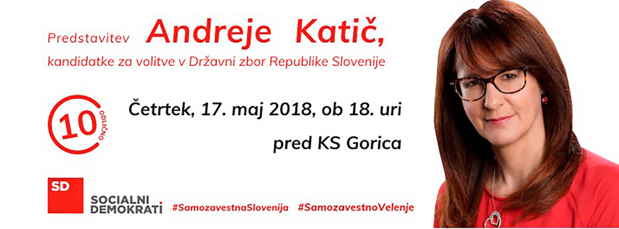Predstavitev Andreje Katič - pred prostori Krajevne skupnosti Gorica, ob 18. uri